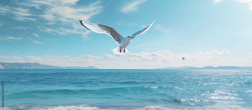 Aufkleber a seagull soaring high in the sky, with a beautiful ocean view beneath it, creating a picturesque co