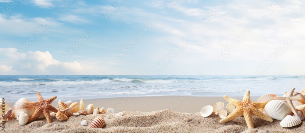 Aufkleber sandy beach featuring numerous seashells and starfish, with an empty space for text or design, known