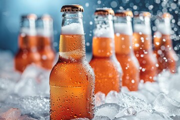 Bottles of beer chilling in ice. Soft light. International Beer Day