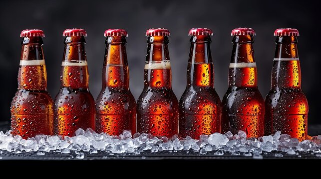 Bottles of beer chilling in ice. Soft light. International Beer Day - Powered by Adobe
