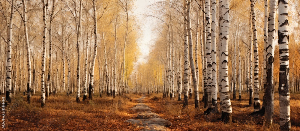 Poster autumn scene with three birch trees lining a path, providing a tranquil backdrop for a potential cop