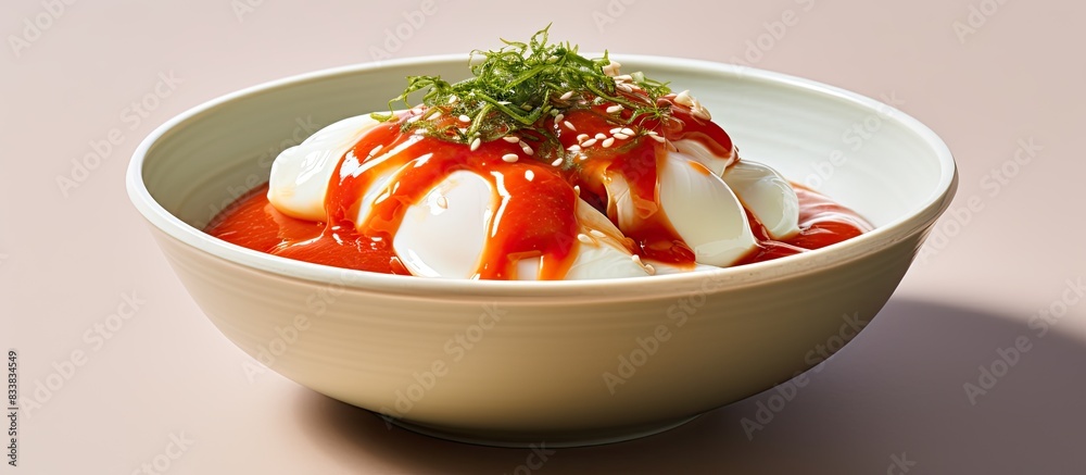 Poster a plastic bowl containing poached eggs served with red sauce and enoki mushrooms against a plain bac