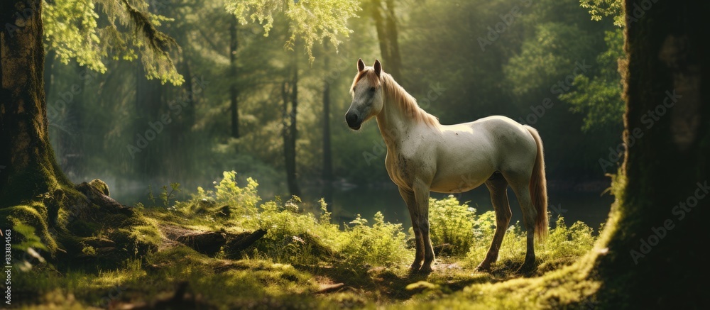 Poster a horse stands gracefully amid the serene beauty of the forest, with a lush green backdrop creating 