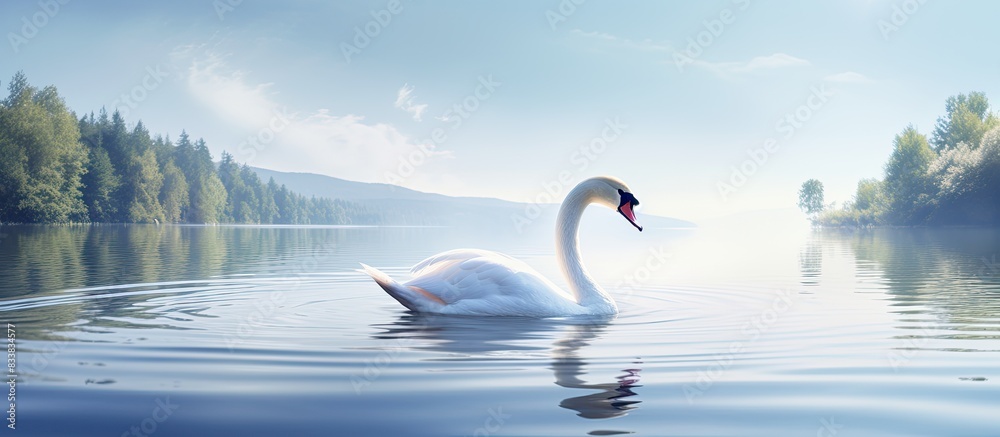 Poster swan floating gracefully on serene lake, surrounded by copy space image,