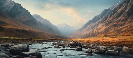 Mountain river with rugged terrain and copy space image.