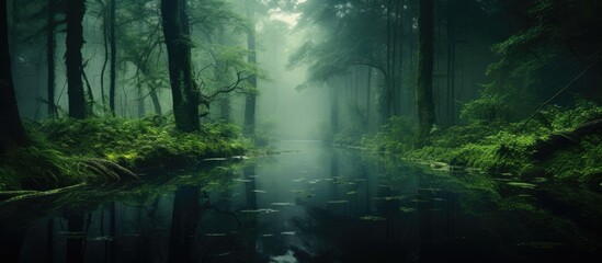 Obraz premium Enigmatic forest submerged with mist and clouds, creating a captivating atmosphere in a eerie copy space image.