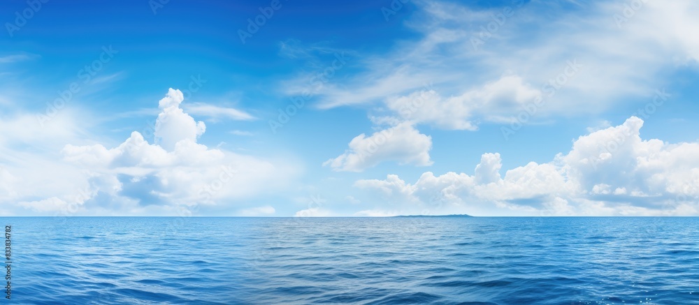 Poster seascape featuring a tranquil sea under a vast blue sky with trees on the horizon, providing a seren