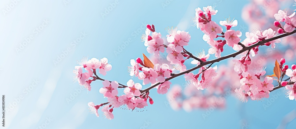 Aufkleber in springtime, pink branches bloom against a blue sky in a macro shot with a blurred background and 
