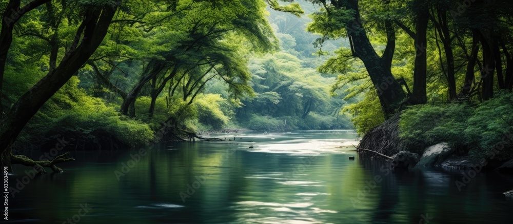 Poster Scenic view of a river with a lush forest in the backdrop, ideal for a copy space image.
