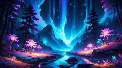 Fantasy Bioluminescent Forest with Glowing Plants and Starry Sky. Generative AI