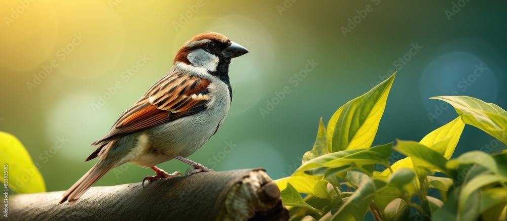 Poster elegant house sparrow perched gracefully on a leaf, with a charming background that includes copy sp