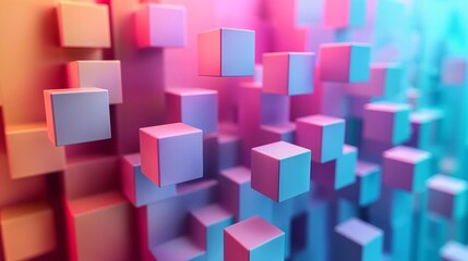 Visualization of a 3D abstract structure, composed of multicolor spectrum blocks that appear to float on a gentle, pastelhued background, perfect for modern art displays