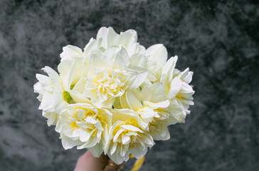 White daffodils bouquet. Wedding flowers bouquet .  Spring flowers narcissus against black background. 