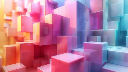 Fototapeta premium Visualization of a 3D abstract structure, composed of multicolor spectrum blocks that appear to float on a gentle, pastelhued background, perfect for modern art displays