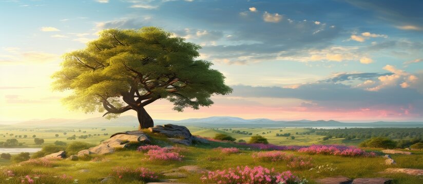 In the early morning of summer, there is a tree with a stunning flower blooming, providing a picturesque scene against a backdrop of lush greenery, ideal for a copy space image.