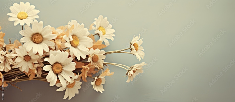 Poster Vintage style bouquet made of chamomile wild flowers, with space for text or graphics in the image. with copy space image. Place for adding text or design