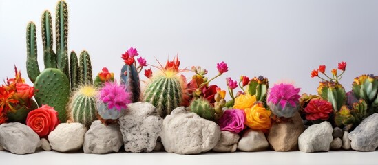 A gorgeous cactus with colorful flowers set on white stones, with a backdrop of other cacti providing a lovely copy space image.