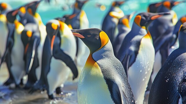 Beautiful King penguins with chiks on South Georgia island