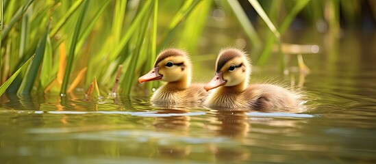 Adorable baby Mallard ducklings swimming in a river on a sunny summer day, with reeds and reflection in the water, with copy space image.