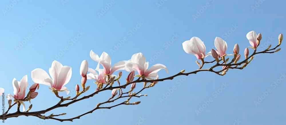 Poster A magnolia blossom on twigs against a blue sky with room for text. with copy space image. Place for adding text or design