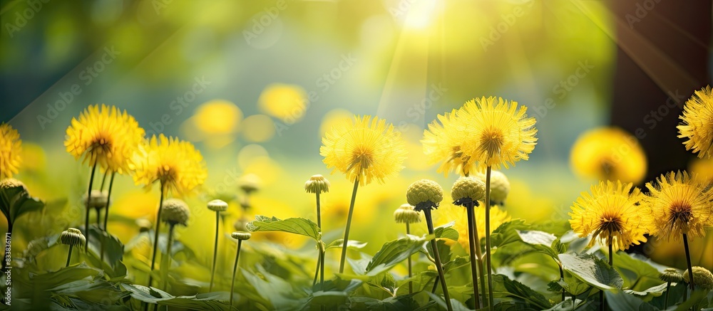Poster Dandelions in yellow bloom against a backdrop of lush greenery, creating a picturesque scene with copy space image.