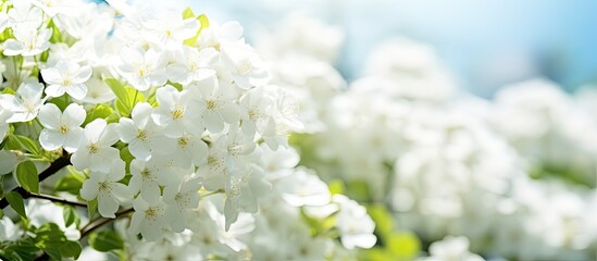 A sunny day showcases numerous white flowers in a beautiful display with ample copy space image.