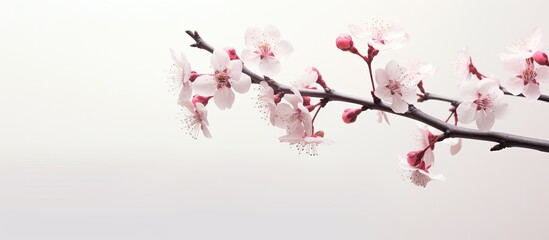 Naklejka premium A stunning cherry blossom branch with a tree in the background, ideal for a copy space image.