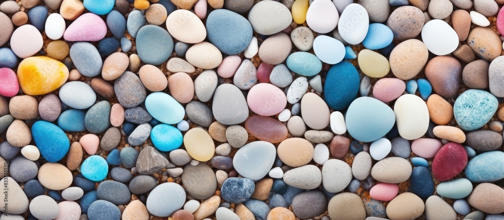 Poster top view of colorful pebbles on the sandy beach with a textured finish, creating an eye-catching cop