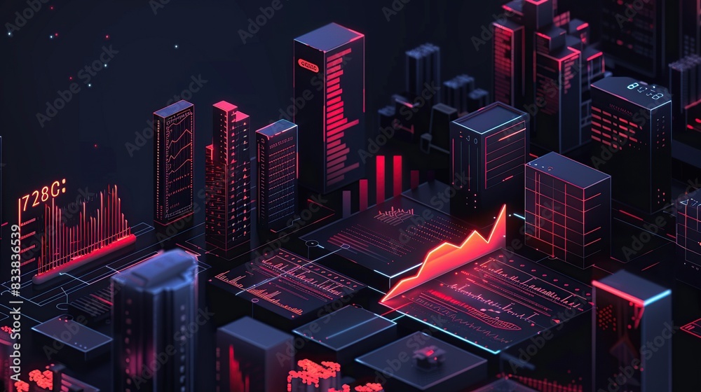 Poster 3D isometric data visualization with graphs and bar charts, Cityscape on the screen UI/UX design.