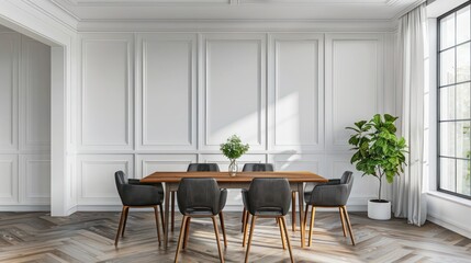Versatile Dining Room Design: Black Chairs, Wooden Dining Table, Classic White Paneling Wall in Modern Interior Setting