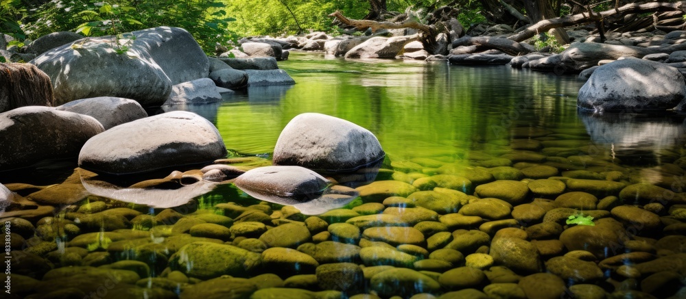 Poster nature stones and green landscape reflections in the creek create a serene copy space image.