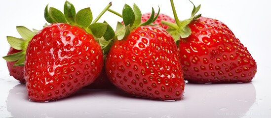 Ripe strawberries with droplets of water, lying separately against a white backdrop with ample space for additional content, like text or other images.