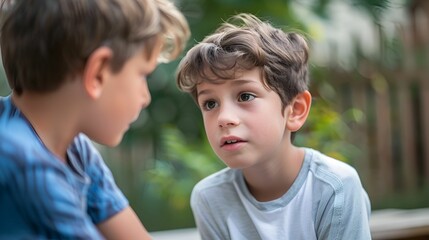 A heartfelt family moment as two young boys engage in a serious conversation, highlighting their bond and the importance of communication within the family.