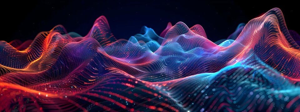 Vibrant 3D Rendered Autoregressive Function Landscape with Dynamic Waves and Colorful Particles