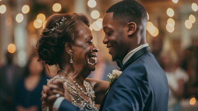 A touching moment of a mother and son sharing a dance at a special event, encapsulating the warmth and bond of family.