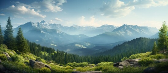 Forest landscape with mountains in the background, providing a scenic view suitable for a copy space image.