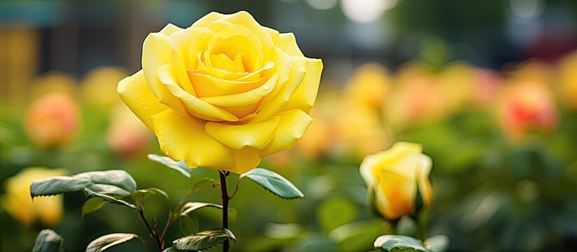 Vivid yellow rose blooming in the garden with copy space image.