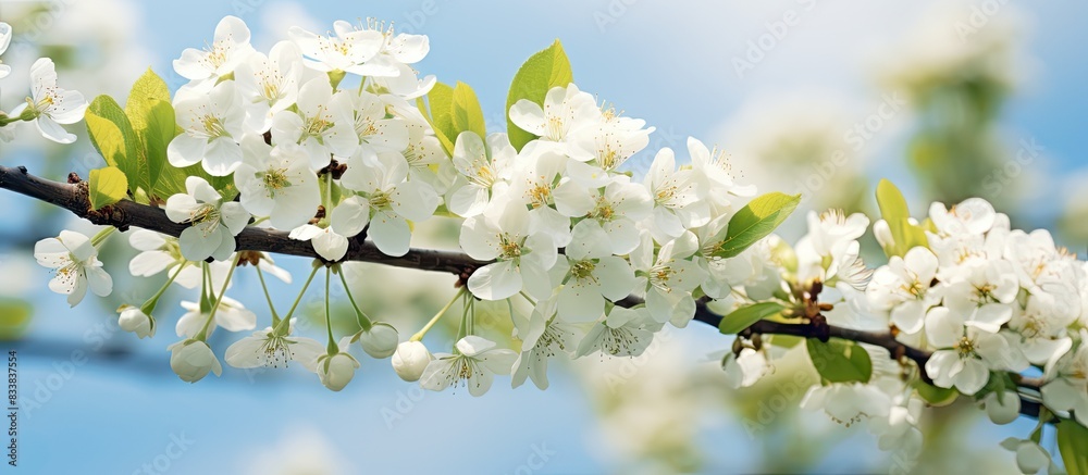 Poster White blossoming apple tree in spring with a beautiful copy space image.