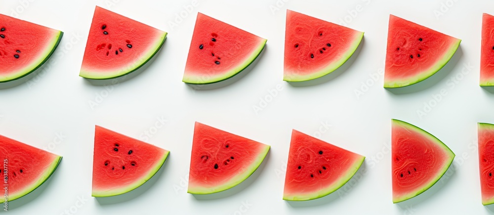 Poster ripe watermelon slices with copy space image on a white backdrop.