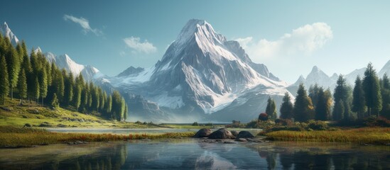 Mountain peak with a pristine lake provides a stunning view, ideal for a nature-themed copy space image.