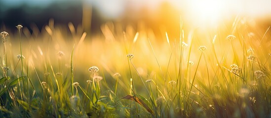 Morning sun shining over a blurred grassy field with copy space image included. - Powered by Adobe