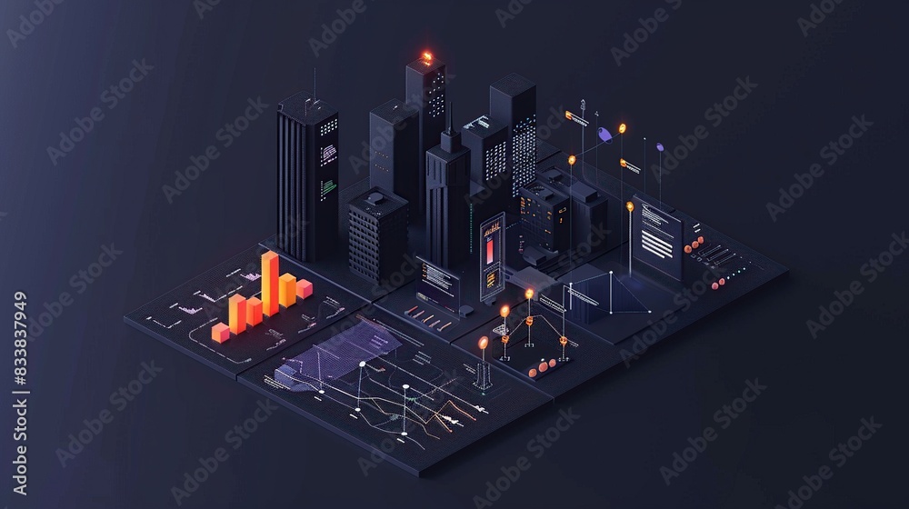 Poster 3D isometric Innovative cityscape with glowing data points and bar graphs. UI/UX design on background.