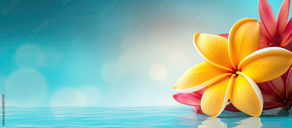 Poster Frangipani flower on top of a vibrant background with space for adding images. with copy space image. Place for adding text or design