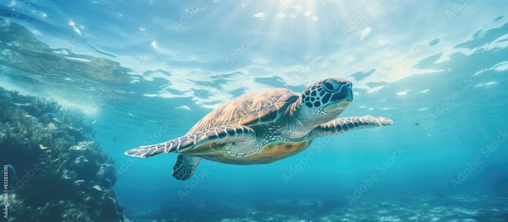 Poster Sea turtle peacefully resting in the clear blue ocean with a vast empty space for inserting images. with copy space image. Place for adding text or design