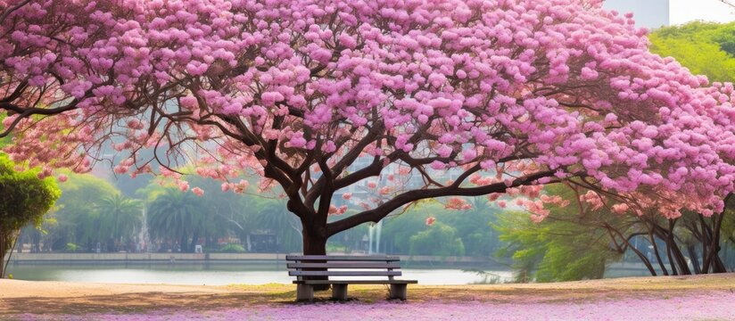 A stunning pink tabebuia tree blossoming fully in the park, providing a picturesque copy space image.