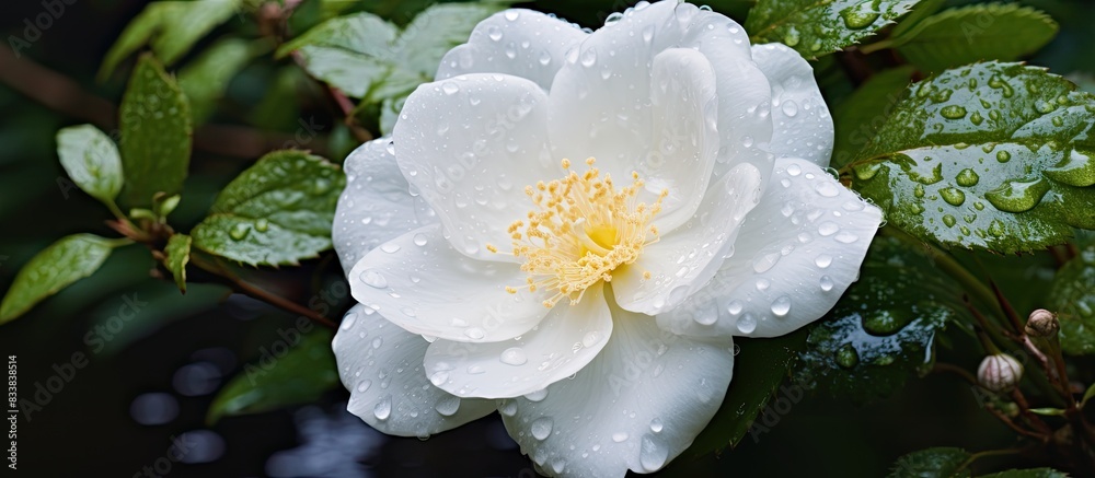 Aufkleber Closeup image of a wet, wavy white wild rose with a natural background providing empty space for addition of text or images. with copy space image. Place for adding text or design