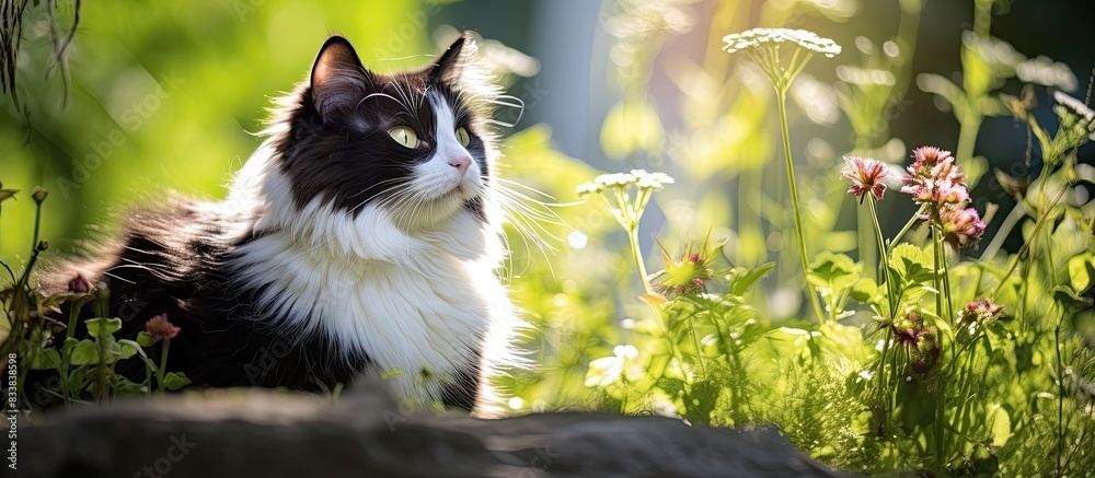 Poster a cute and fluffy black and white cat poses in a serene garden with well-kept foliage on a sunny sum