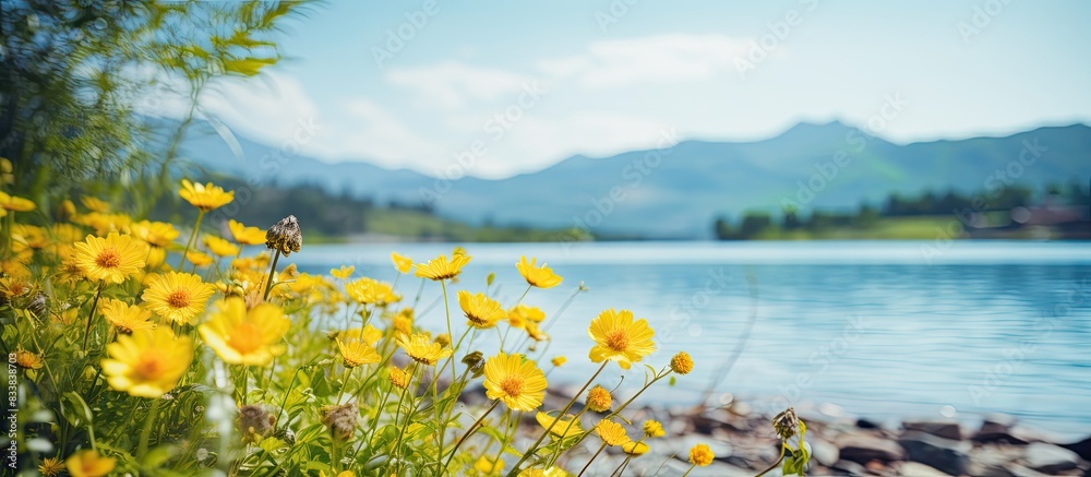 Poster Selective focus on yellow mountain flowers by the lake with ample copy space image.
