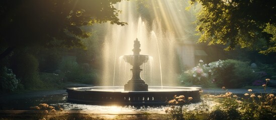 The fountain sparkles in the morning sunlight, with a tranquil atmosphere and ample copy space image.