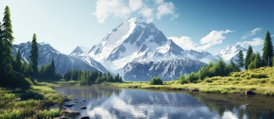 Fototapeta premium During summer, a scenic photograph of a snow-capped mountain with a reflection in a river is showcased in the copy space image.